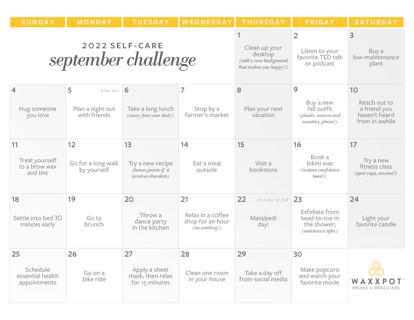 Waxxpot 2022 Self-Care September Challenge Calendar